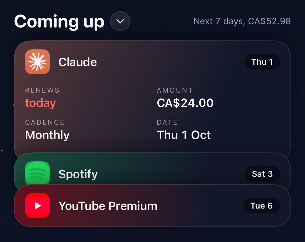 the Coming up list in Moons: Claude renews today, Spotify on Saturday, YouTube Premium on Tuesday